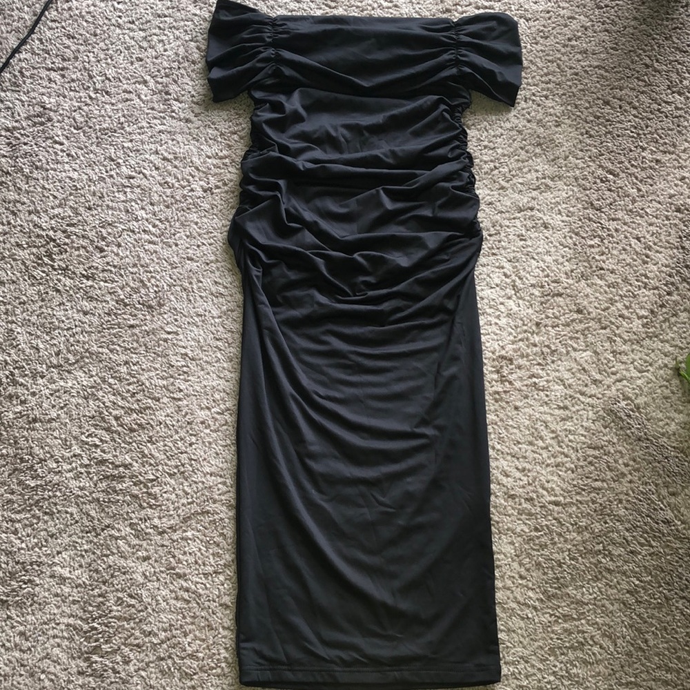 Black MIDI off the shoulder ruched cocktail dress